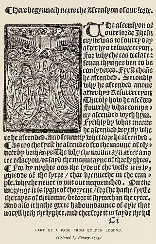 Halaman cetak Legenda Emas berhuruf blackletter dengan ukiran kayu Kenaikan Yesus, cetakan tahun 1503.