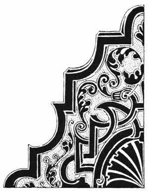Ukiran ornamen sudut berbentuk pita bertautan dan sulur daun bergaya, gaya geometris abad ke-17.