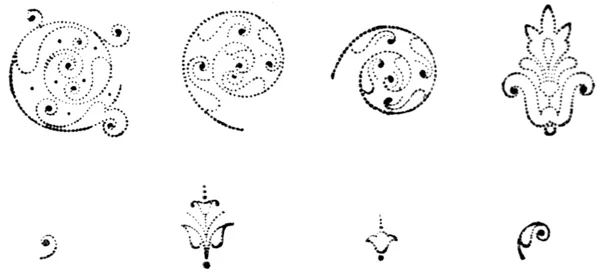 Eight small decorative motifs, spirals and flowers, made up entirely of small dots rather than solid lines