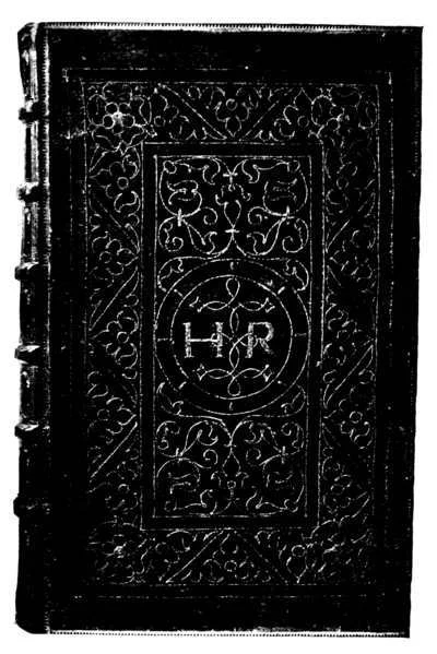Sampul buku beludru hitam bersulam benang emas dengan inisial "H R", jilid Tudor abad ke-16.