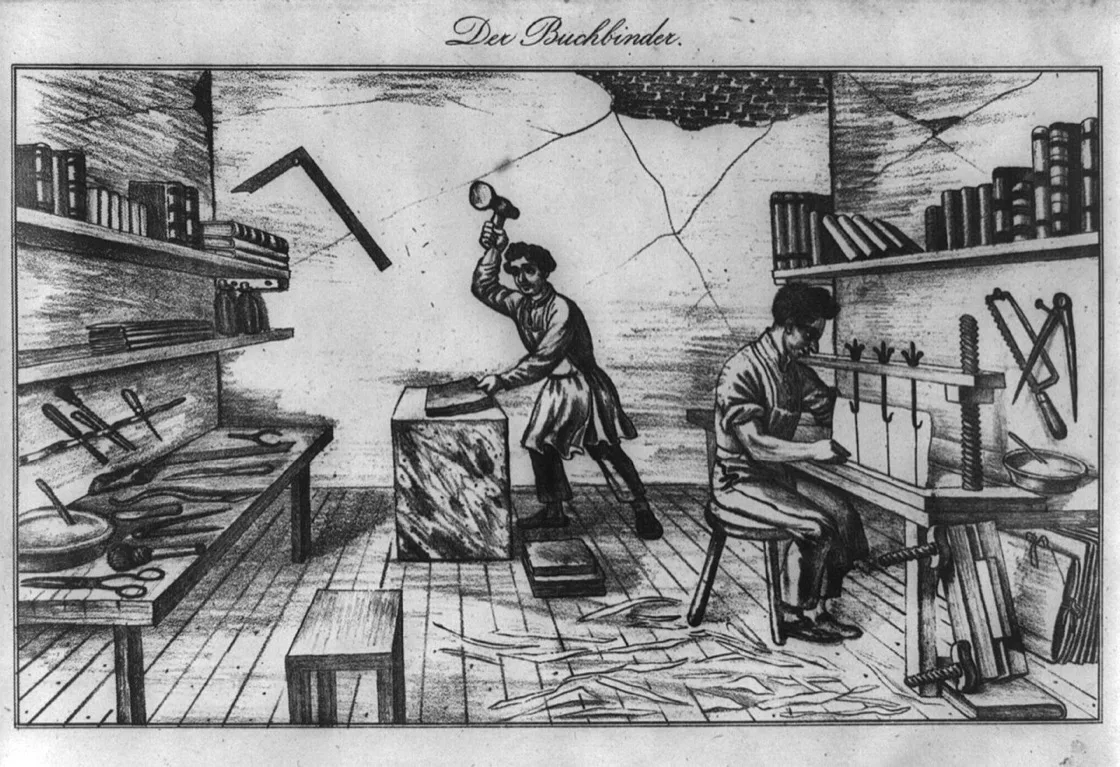 Litografi tahun 1840 memperlihatkan dua penjilid buku di sebuah bengkel: satu memukul tumpukan kertas dengan palu di atas balok batu, satu lagi menjahit lembaran buku pada bingkai jahit tegak, dikelilingi rak buku dan perkakas tangan