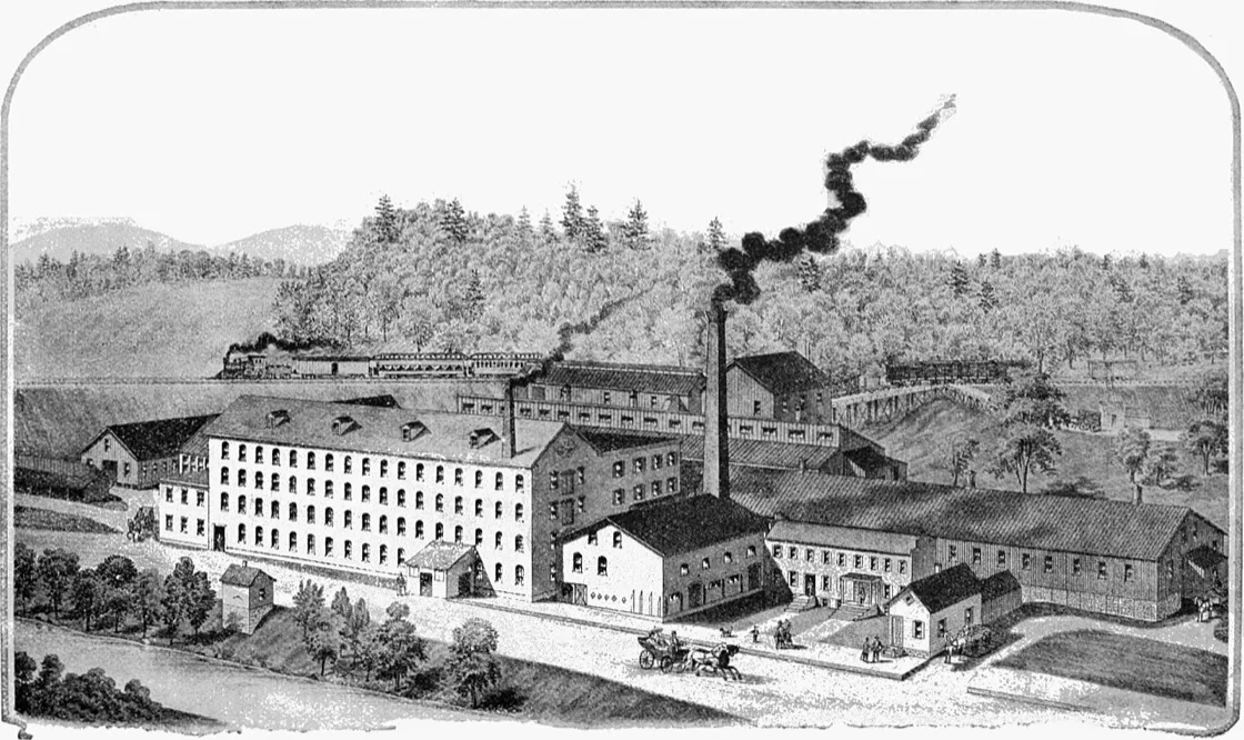 Ilustrasi pandangan udara sebuah penyamakan kulit industri tahun 1892 di Ballston Spa, New York, dengan cerobong yang mengepulkan asap hitam tebal tanpa kendali emisi apa pun