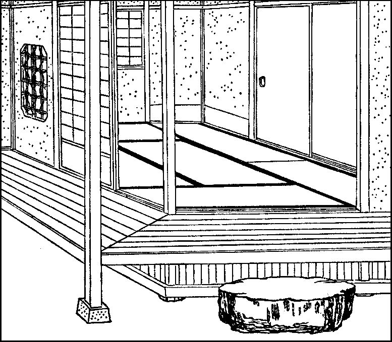 Ilustrasi garis tahun 1910 sebuah ruang tatami Jepang: partisi shoji berbingkai kayu berpanel kertas tembus cahaya di sisi kiri, veranda kayu (engawa), dan batu pijakan di ambang pintu geser