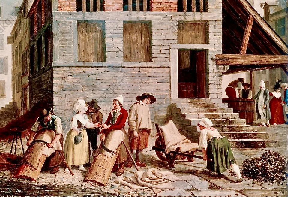 Lukisan tahun 1791 karya Léonard Defrance memperlihatkan halaman bengkel penyamak kulit dengan bak kayu besar, pekerja menangani gulungan kulit dan bahan penyamak, serta gerobak dorong