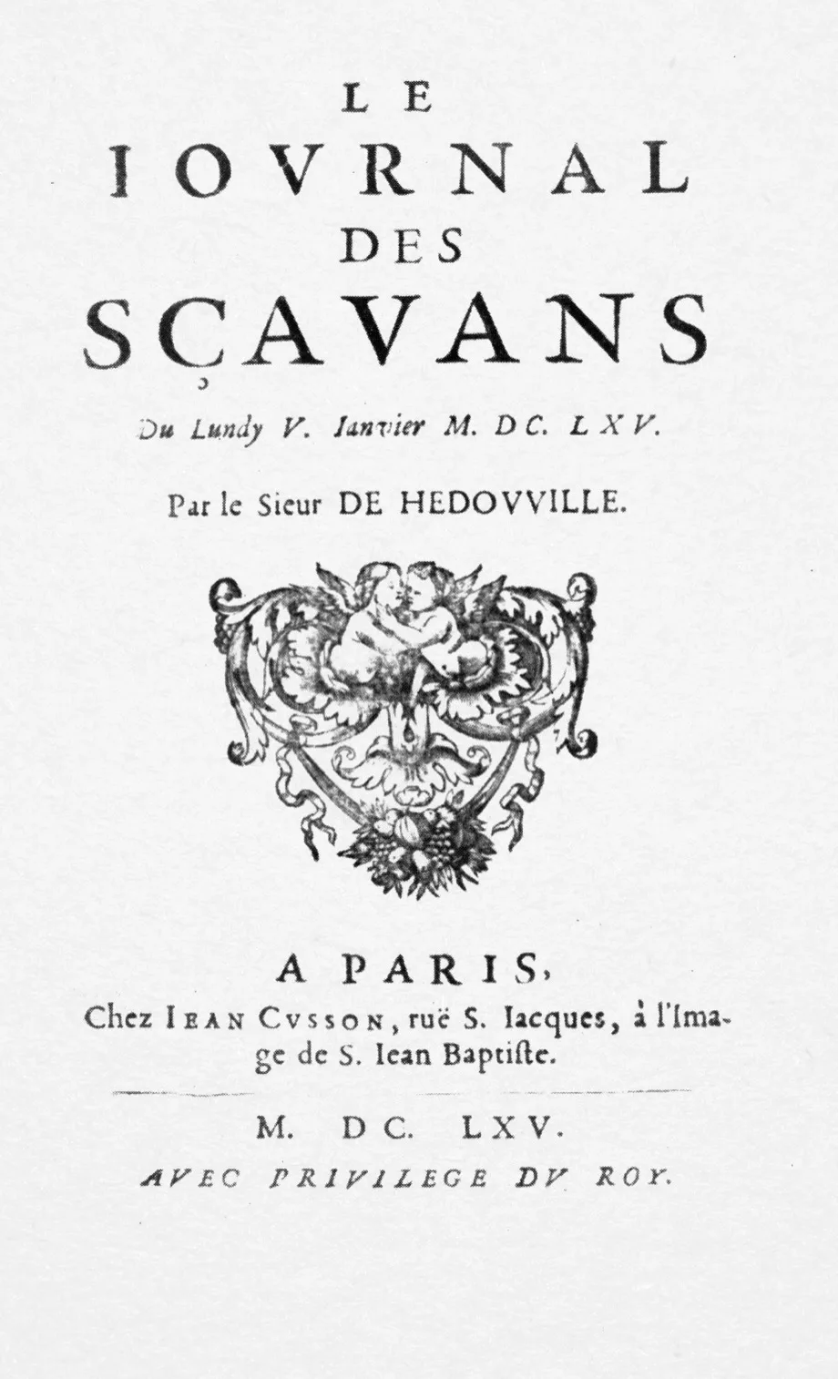 Halaman judul cetak Le Journal des Sçavans nomor pertama, 5 Januari 1665, dengan ornamen ukiran dua putto dan untaian buah di antara judul dan keterangan penerbit
