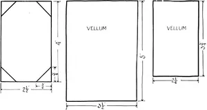 Plate XII. A front view of the memorandum pad accurately drawn to show proportions; also drawings of the vellum coverings.