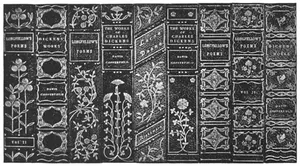 Specimen decorative backs for half or full leather bindings. Edition work or single volumes.