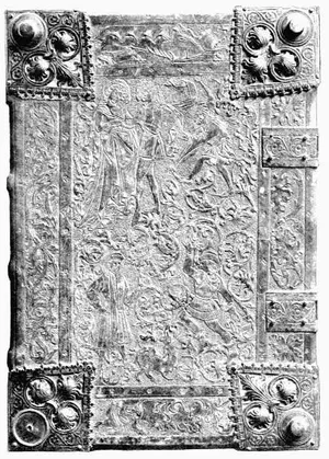 8. Brown leather binding, cut and engraved, with punched background. German MS. Chronicle of Events. German, 15th Century.