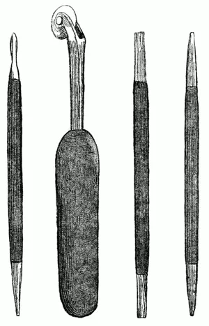 FIG. 28.— GOUGE OUTLINER. FIG. 29.— OUTLINING WHEEL. FIG. 30.— GOUGE OUTLINER. FIG. 31.— STRAIGHT OUTLINER.