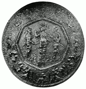 12. Shield of cut and embossed leather, cuir bouilli . Italian, 16th Century.