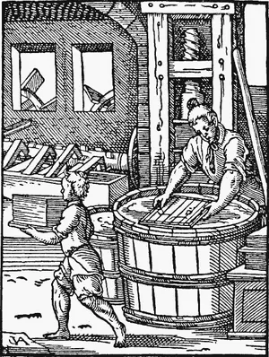 Fig. 2. —An Early Paper Mill (from “Kulturhistorisches Bilderbuch,” A.D. 1564).
