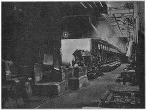 CYLINDER MACHINE FOR DRYING PULP, THE BROWN CO. The web of pulp is shown as it passes from the cylinder mold over the couch roll toward the driers.