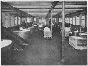 THE BEATER-ROOM, CRANE & CO. The beater at the far end of the room is equipped with a washing drum. This drum is lowered into the tub during the process of washing.