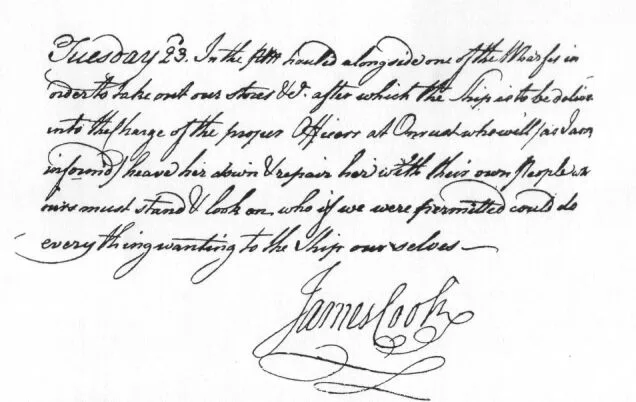 Faksimile halaman jurnal tulisan tangan Kapten James Cook tertanggal 23 Oktober 1770, diakhiri tanda tangannya