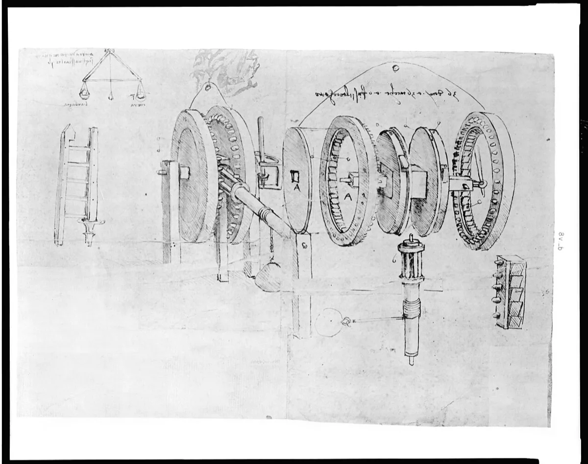 Reproduksi tahun 1894 dari halaman buku catatan Leonardo da Vinci, menampilkan sketsa pensil sebuah mekanisme roda gigi yang digambar dalam kondisi terpasang dan terurai bagian-bagiannya, disertai anotasi tulisan tangan cermin dan sketsa tangga kecil di sisi kiri