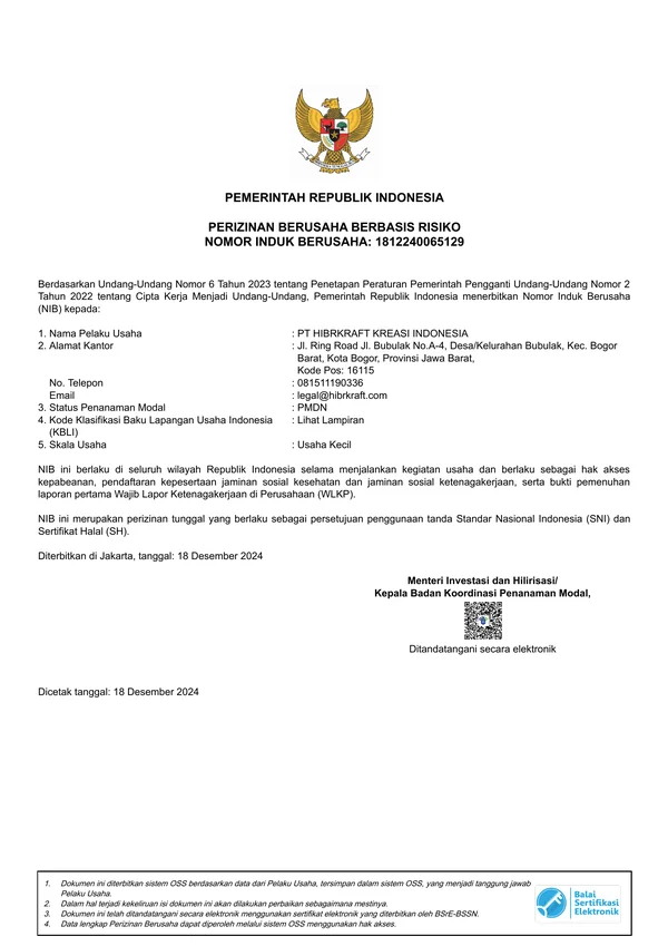 Nomor Induk Berusaha 1812240065129 atas nama PT Hibrkraft Kreasi Indonesia, terbit 18 Desember 2024 melalui sistem OSS, skala usaha kecil