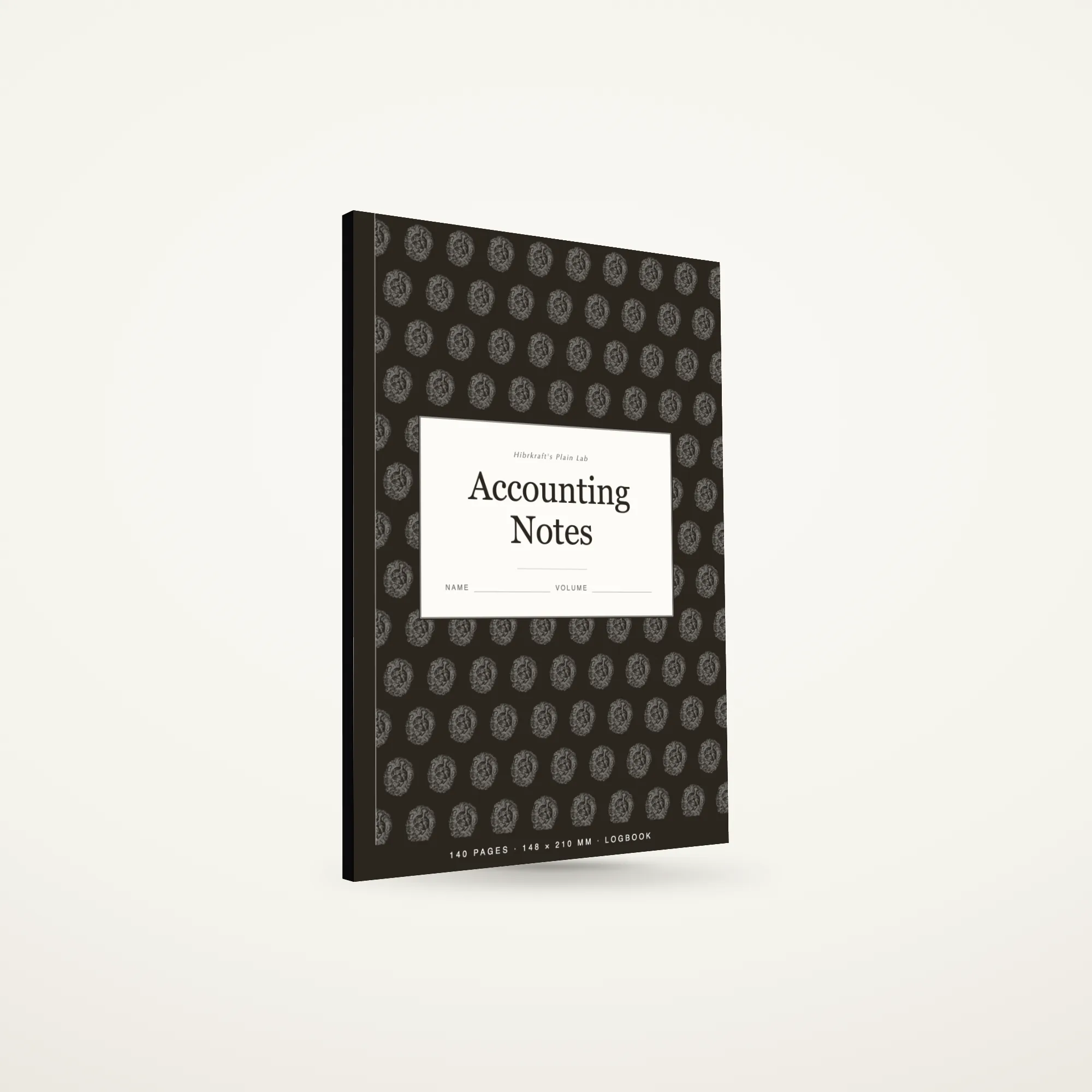 A5 Accounting Notes book standing closed on a desk beside a calculator, roughly eight millimetres thick.