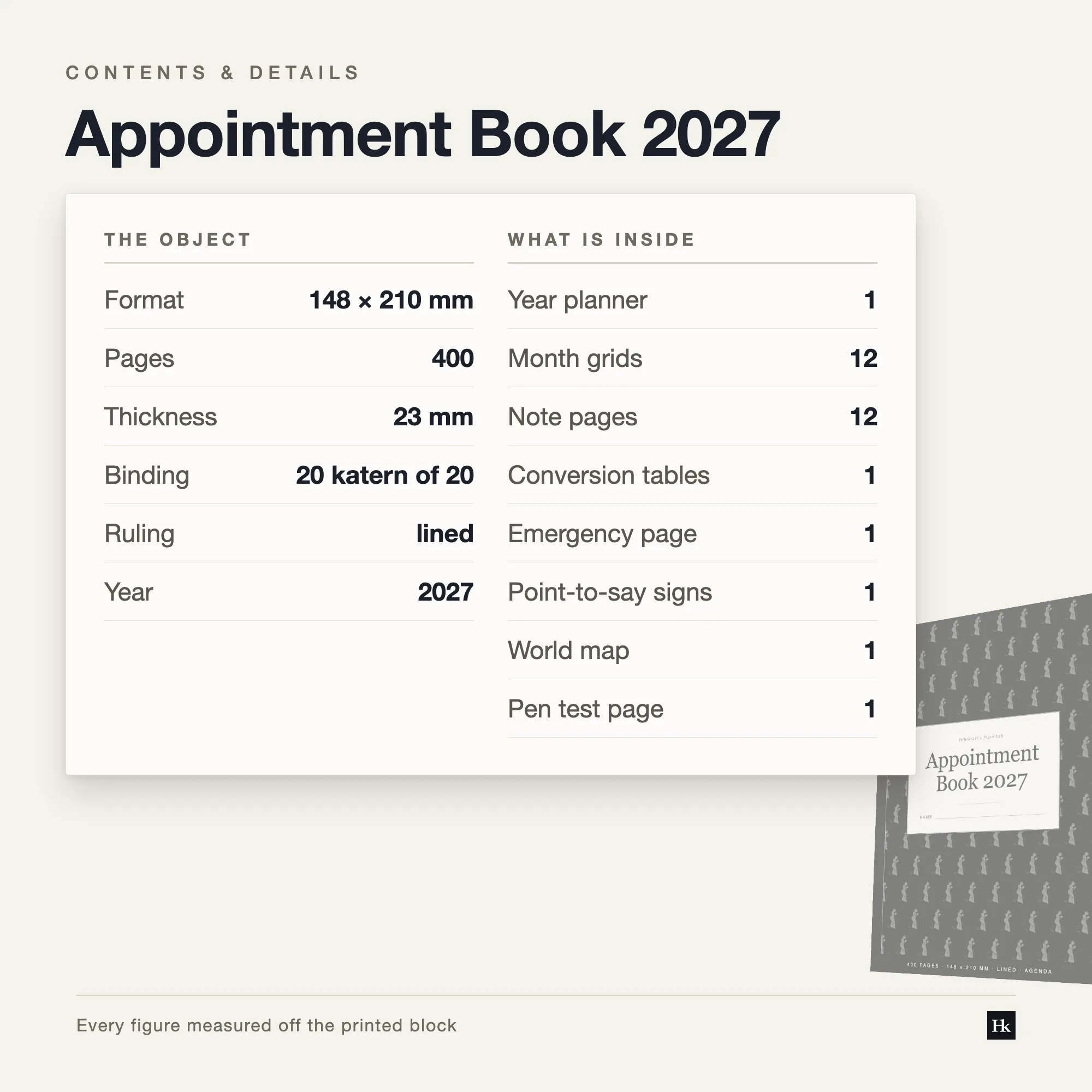 Specification card listing the Appointment Book 2027 contents: day pages, month pages, notes pages, 400 pages total, A5 trim, twenty signatures of twenty.