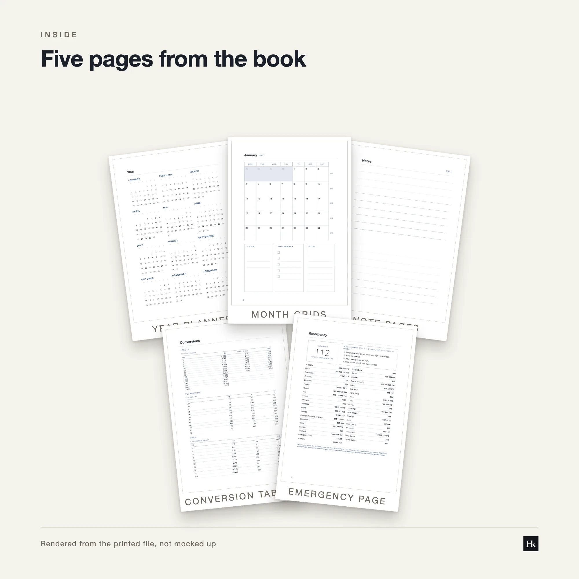 Five pages from the Appointment Book 2027 laid out as cards: a three-line day page, a month page, a year page, a notes page, and the pen test page.