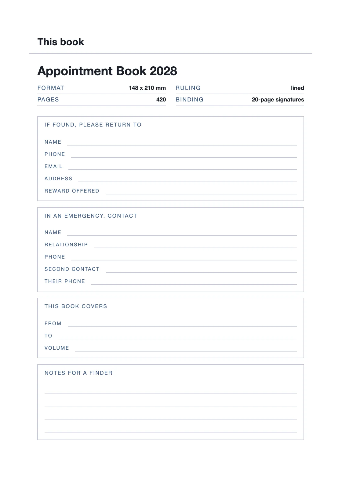 One page for your name and number, so a book that goes missing can come back. — Appointment Book 2028