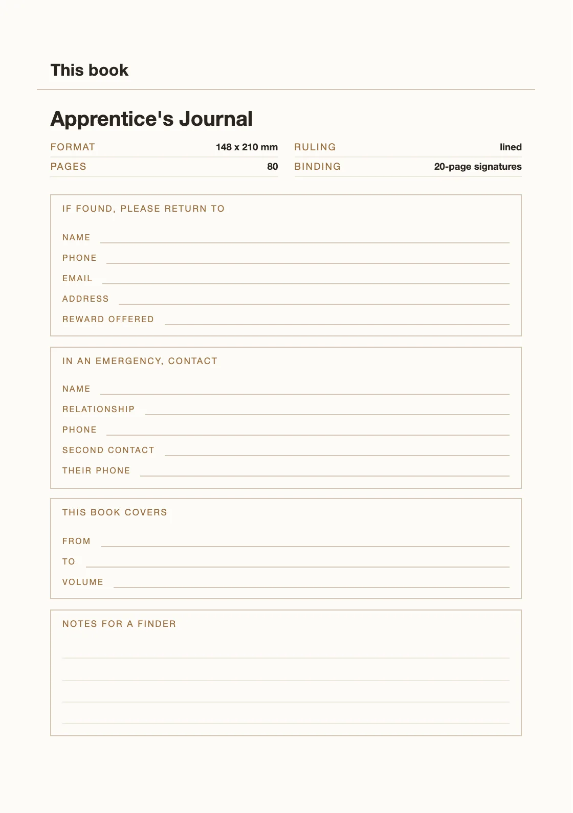 One page for your name and number, so a book that goes missing can come back. — Apprentice's Journal