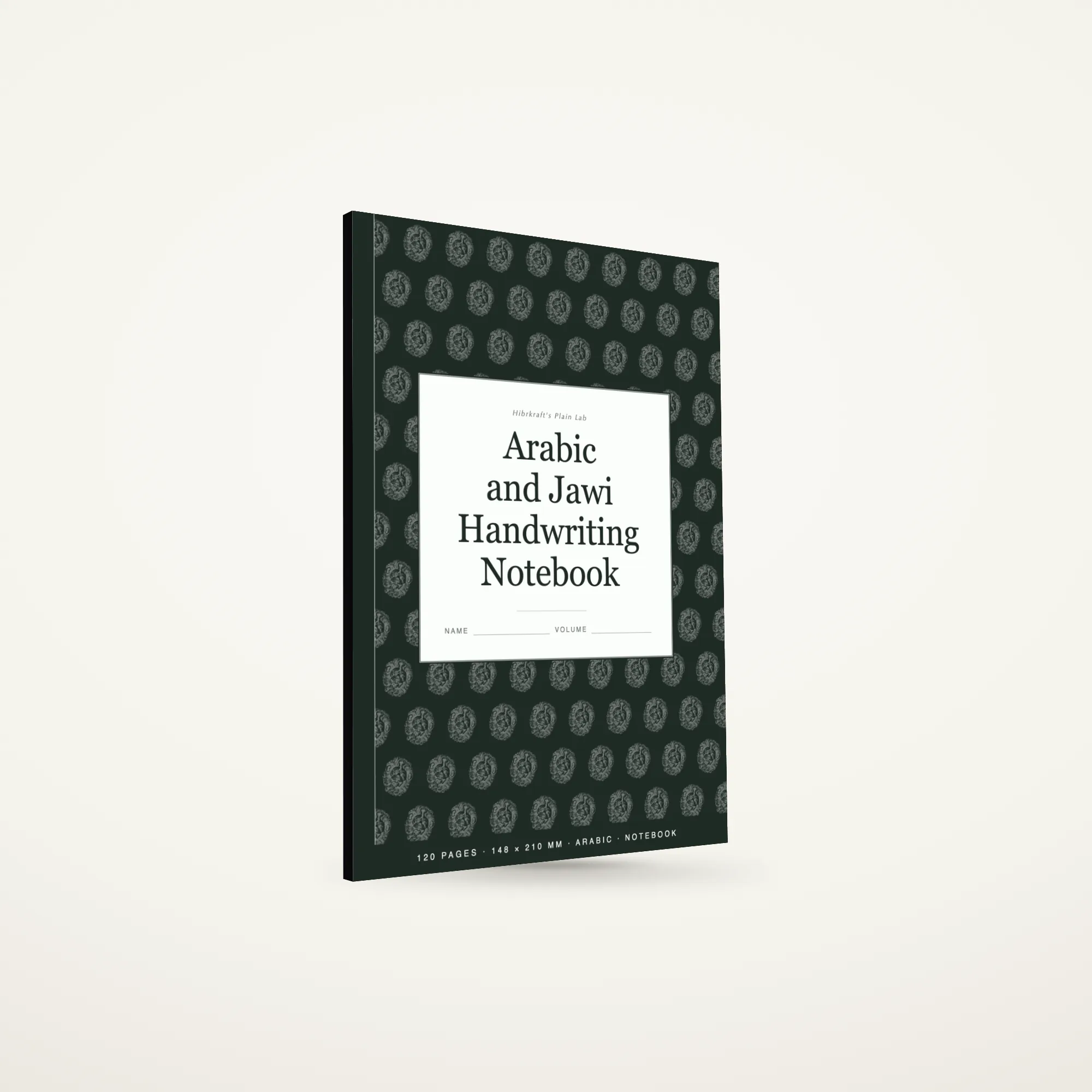 A5 Arabic and Jawi handwriting notebook standing closed, sage cover with a royal ornament motif reversed out, ruled pages inside running right to left.