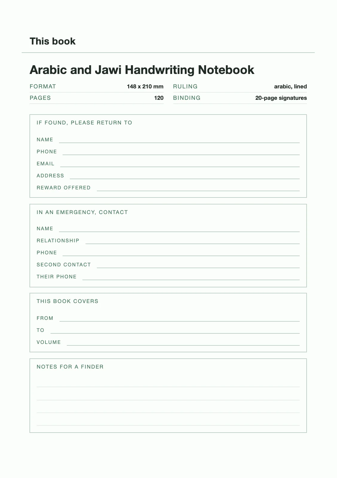 One page for your name and number, so a book that goes missing can come back. — Arabic and Jawi Handwriting Notebook