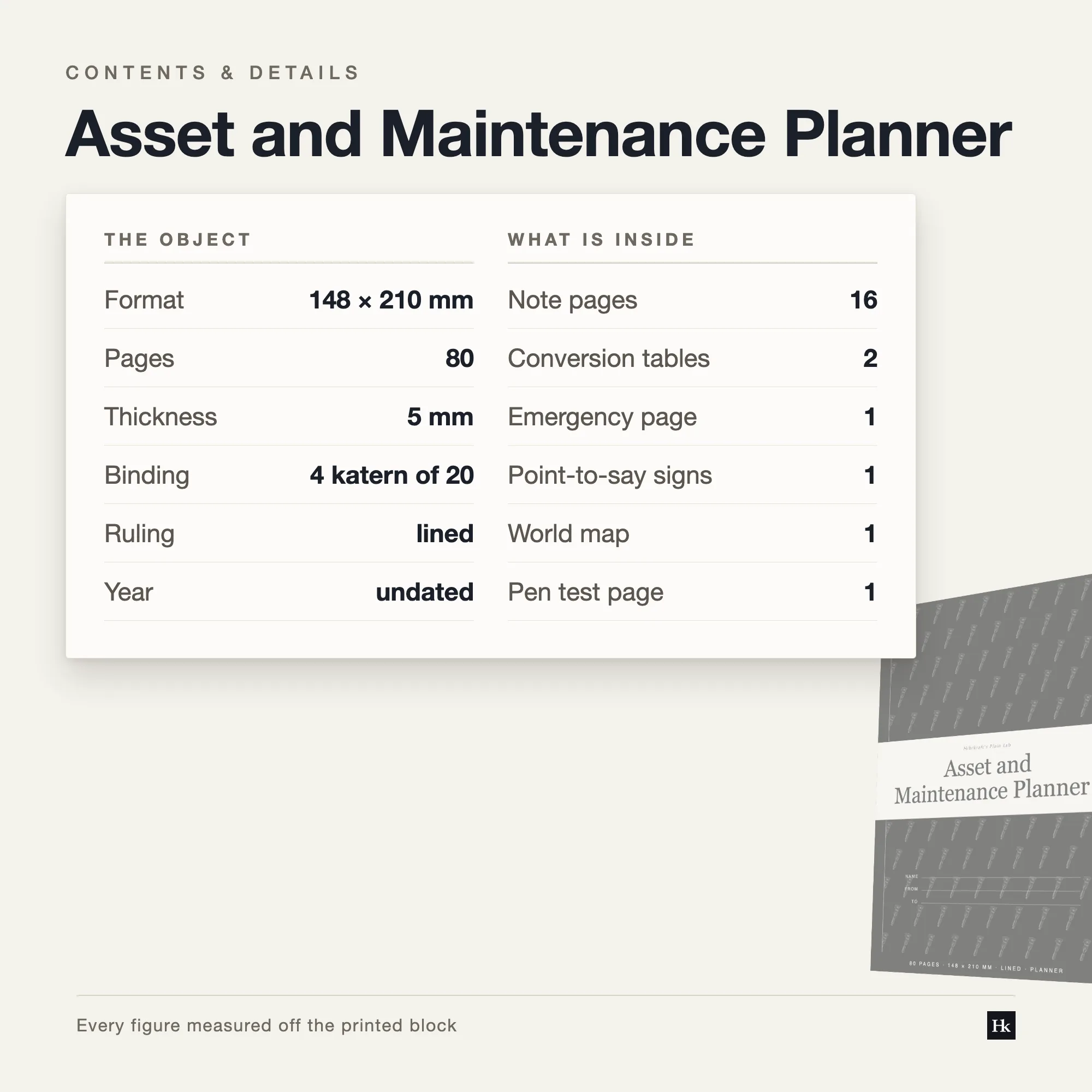 Specification card listing the Asset and Maintenance Planner contents: 40 asset-log pages, 12 habit pages, 16 notes pages, 80 pages total, A5 trim, four signatures of twenty.