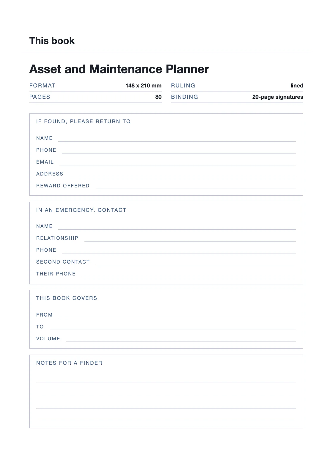 Uma página para o seu nome e número, para que um livro perdido possa voltar. — Asset and Maintenance Planner
