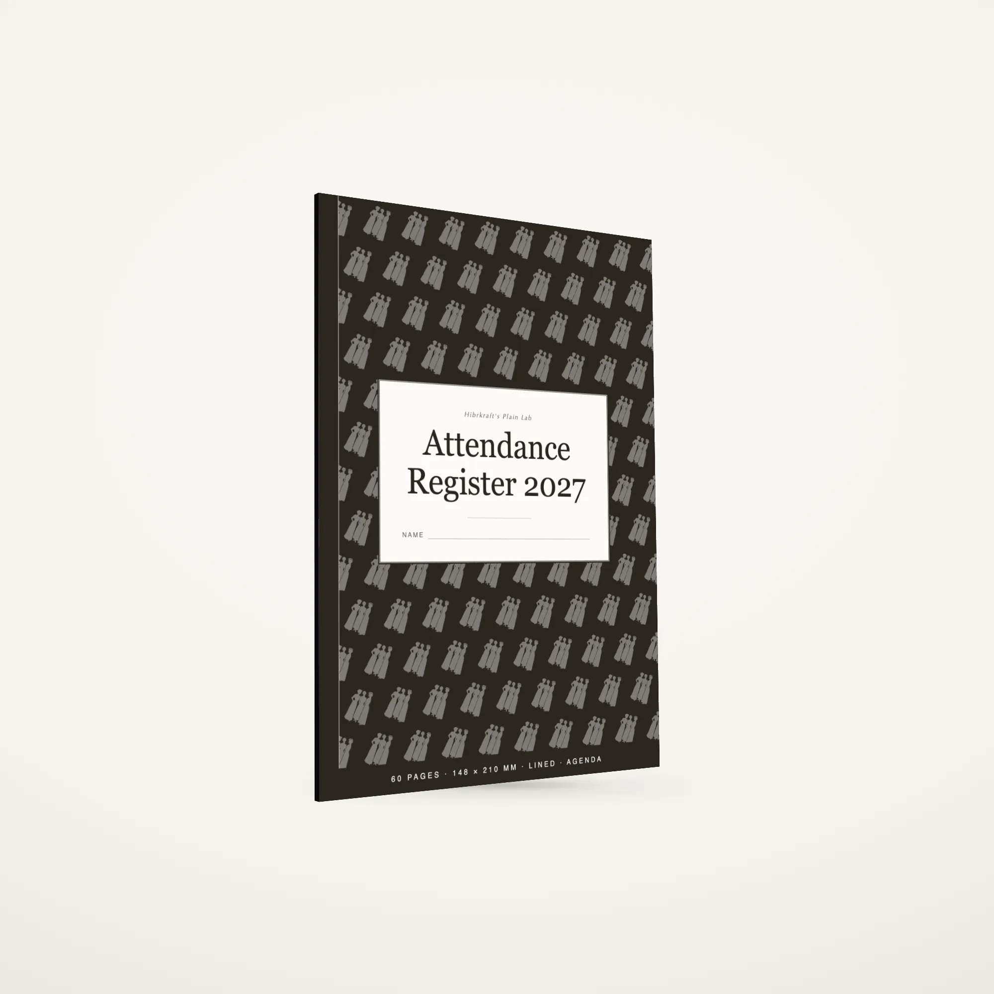 Attendance Register 2027 A5 de pé e fechado sobre uma superfície lisa, faixa de capa pautada, com cerca de 3,43 mm de espessura.