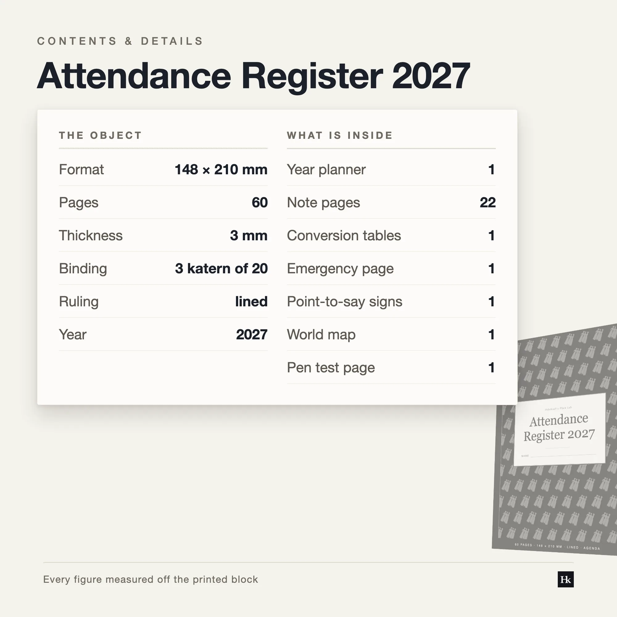 Specification card listing the Attendance Register 2027 contents: 14 daybook pages, 12 monthly grid pages, 22 notes pages, 60 pages total, A5 trim, three signatures of twenty.
