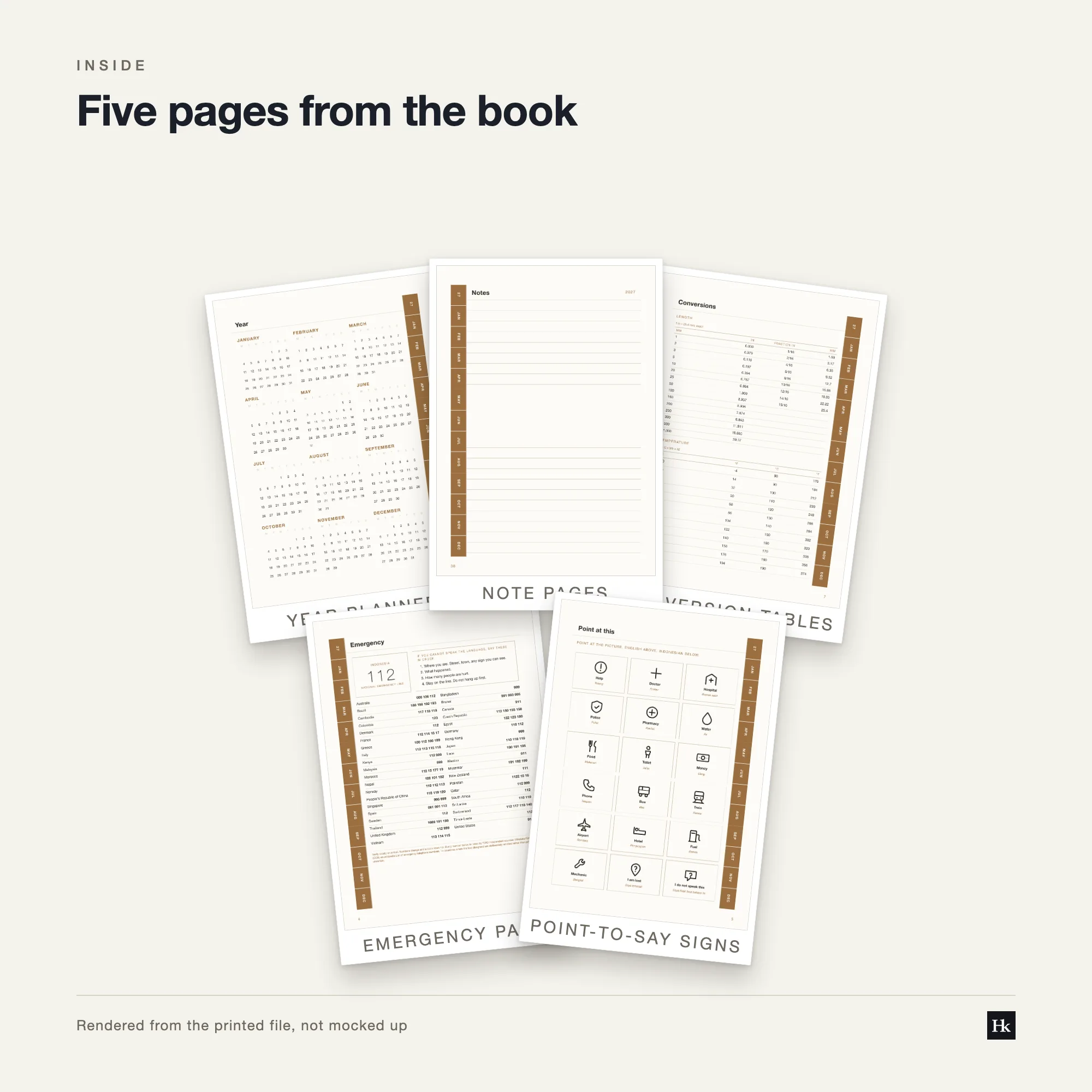 Five pages from the Attendance Register 2027 laid out as cards: a daybook page, a monthly grid page, a section divider, a lined notes page, and a reference page.