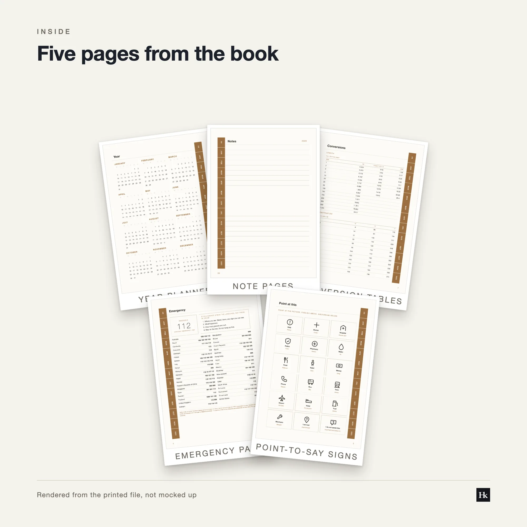 Five pages from the Attendance Register 2028 laid out as cards: a daybook page, a monthly grid page, a section divider, a lined notes page, and a reference page.
