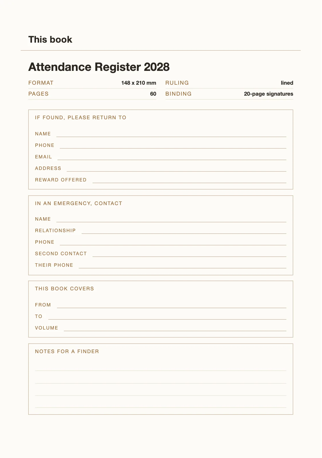 One page for your name and number, so a book that goes missing can come back. — Attendance Register 2028