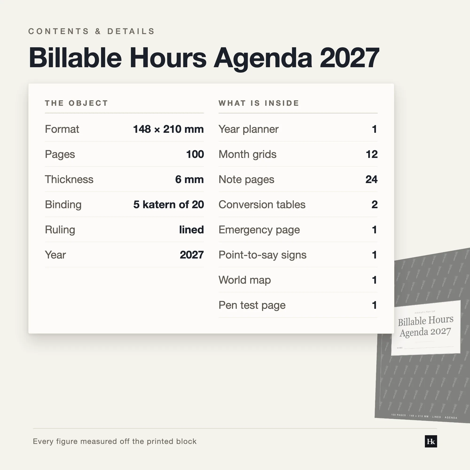 Specification card listing the Billable Hours Agenda contents: timesheet, notes, month spreads, year page and reference section.