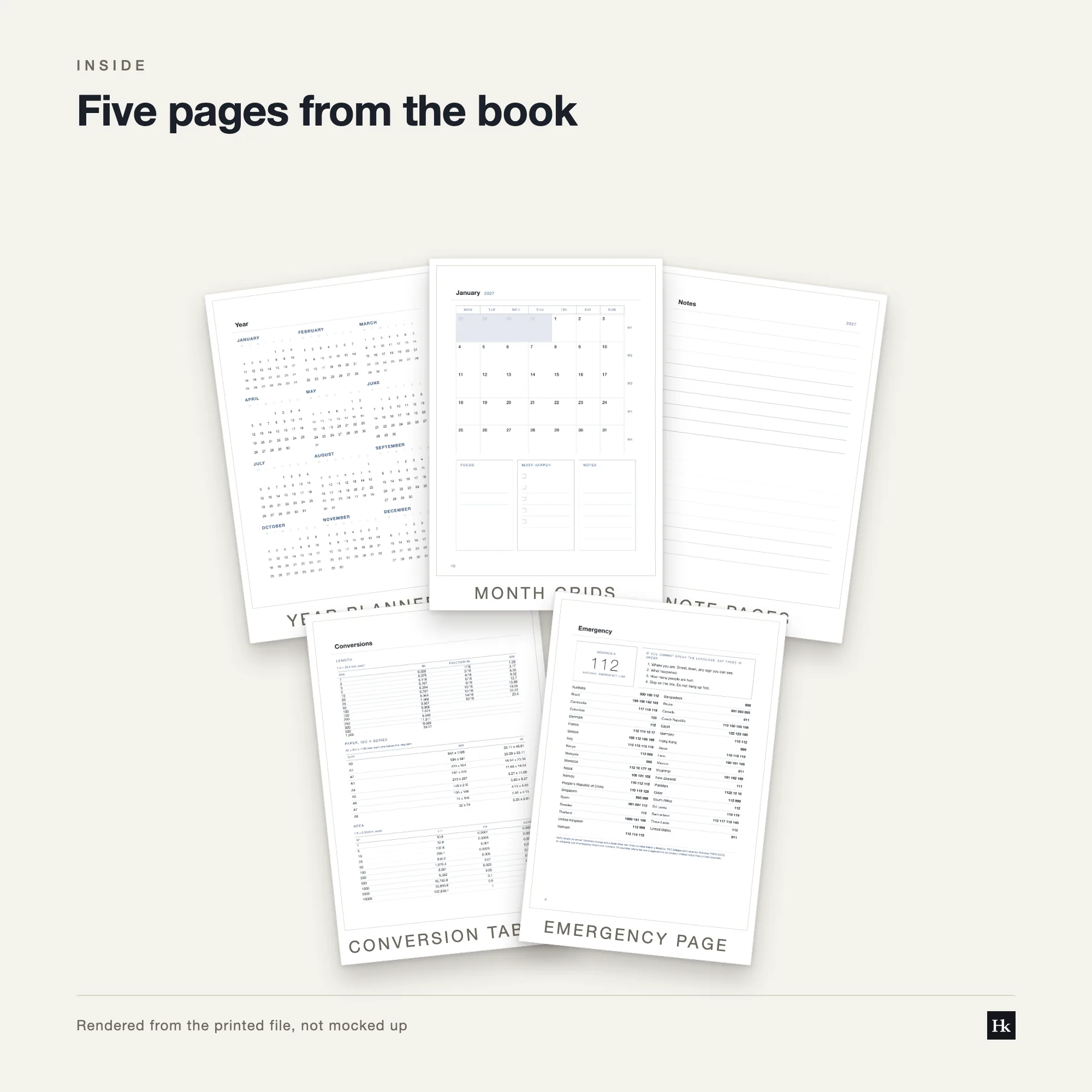 Five pages from the Billable Hours Agenda laid out as cards: a weekly timesheet page, a month spread, a lined notes page, a reference table, and the pen test page.