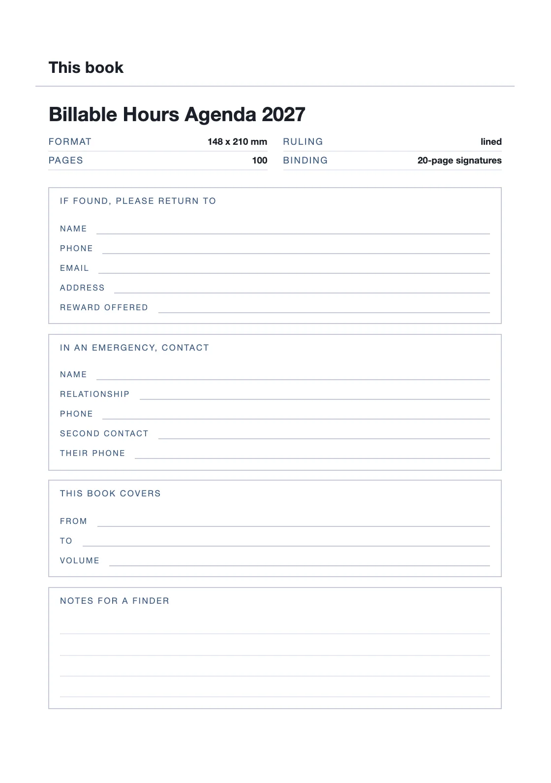 Satu halaman untuk nama dan nomor Anda, supaya buku yang hilang bisa kembali. — Billable Hours Agenda 2027