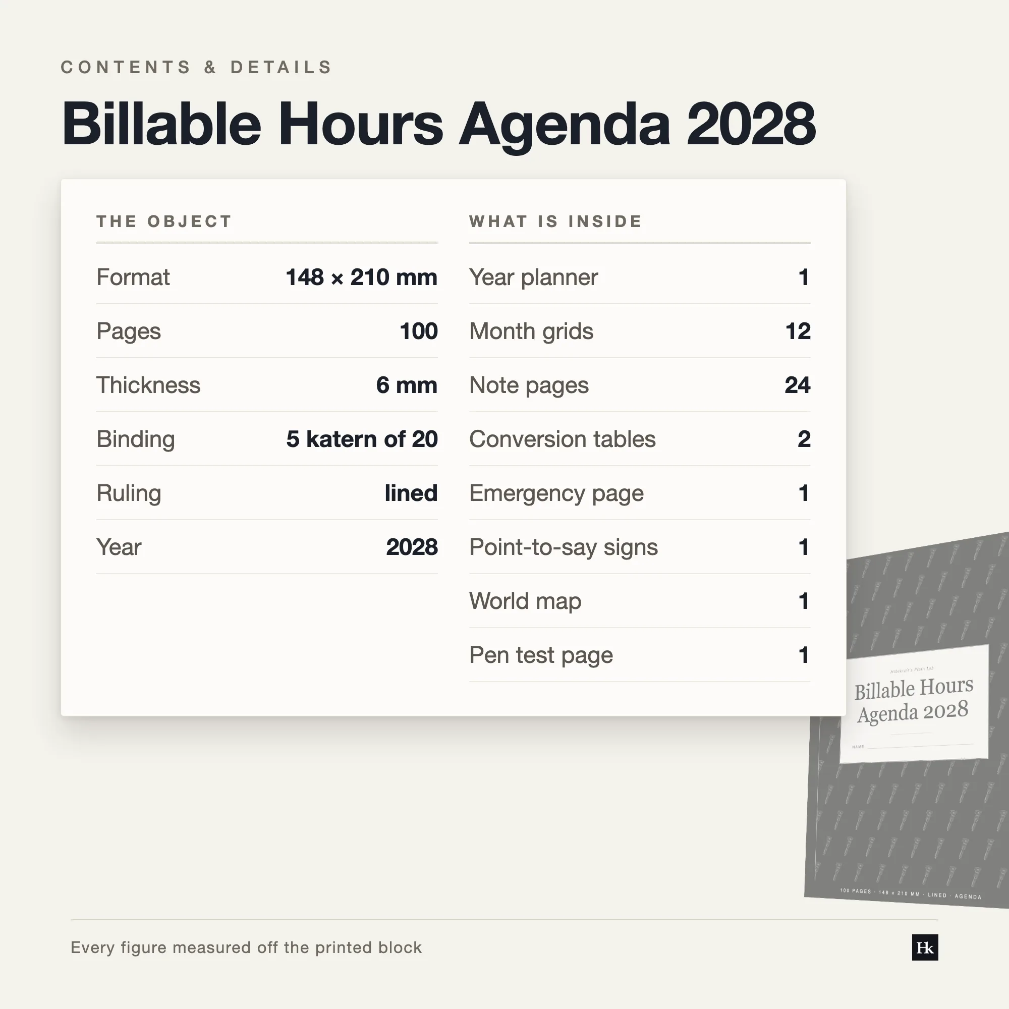 Specification card listing the Billable Hours Agenda contents: timesheet, notes, month spreads, year page and reference section.