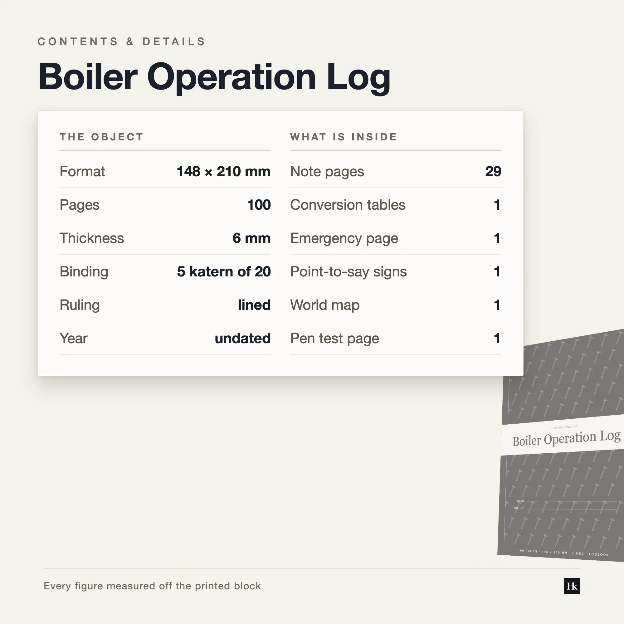 Specification card listing the Boiler Operation Log contents: 60 log pages, 29 note pages, 100 pages total, A5 trim, five signatures of twenty.