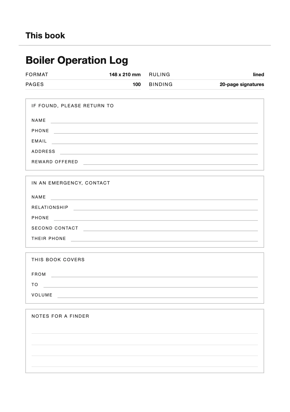 One page for your name and number, so a book that goes missing can come back. — Boiler Operation Log
