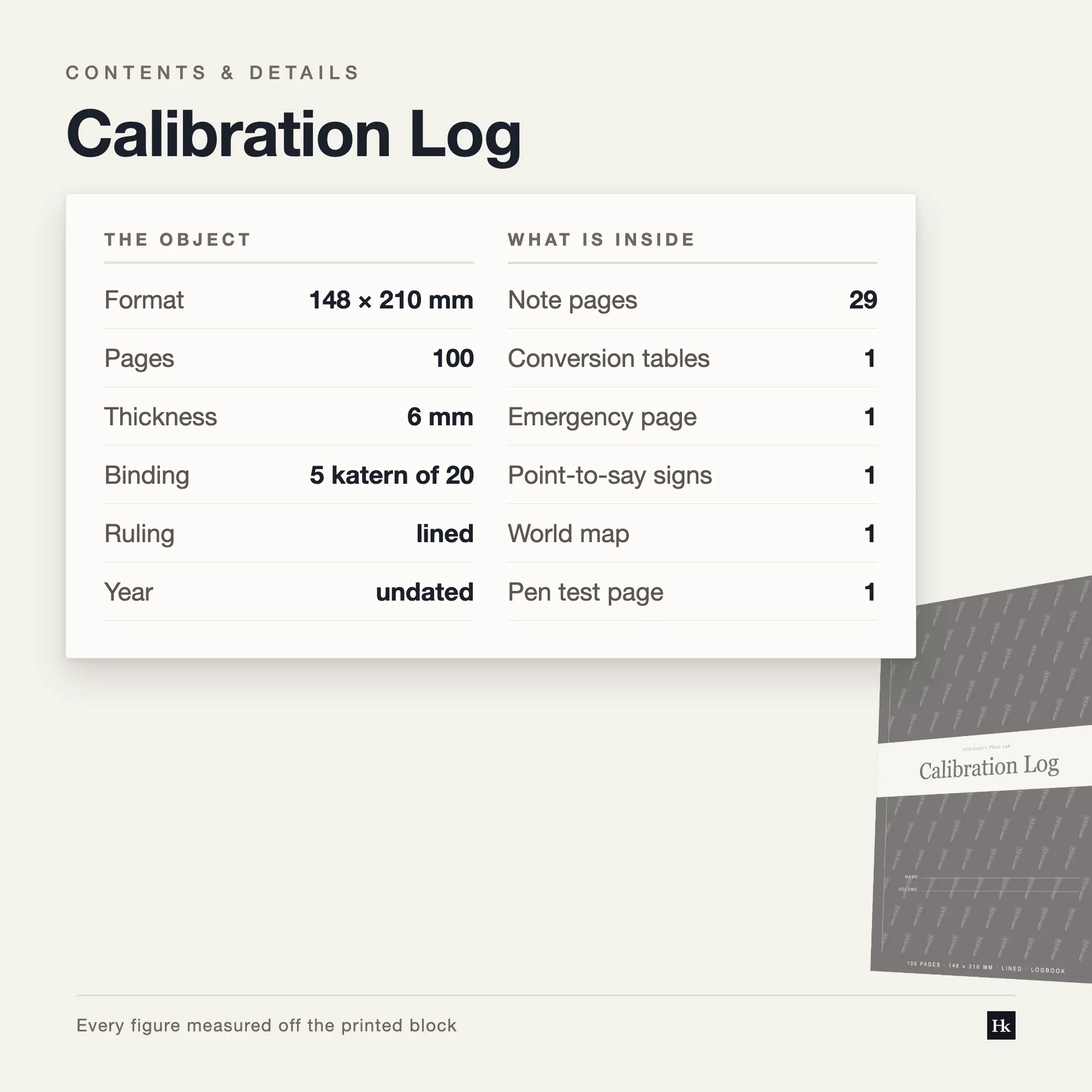 Specification card listing the Calibration Log contents: 60 record pages, 29 note pages, 100 pages total, A5 trim, five signatures of twenty.
