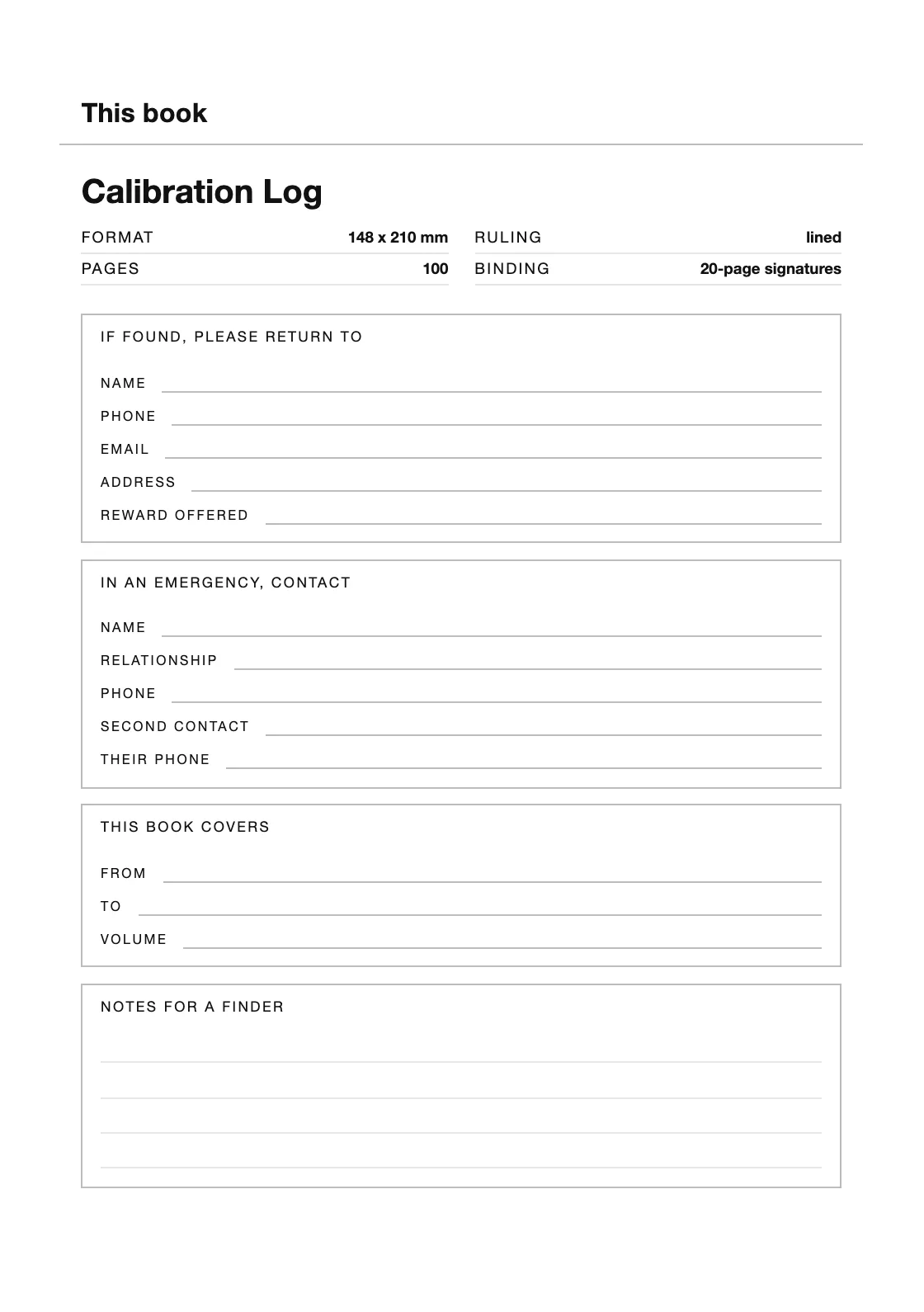 Satu halaman untuk nama dan nomor Anda, supaya buku yang hilang bisa kembali. — Calibration Log