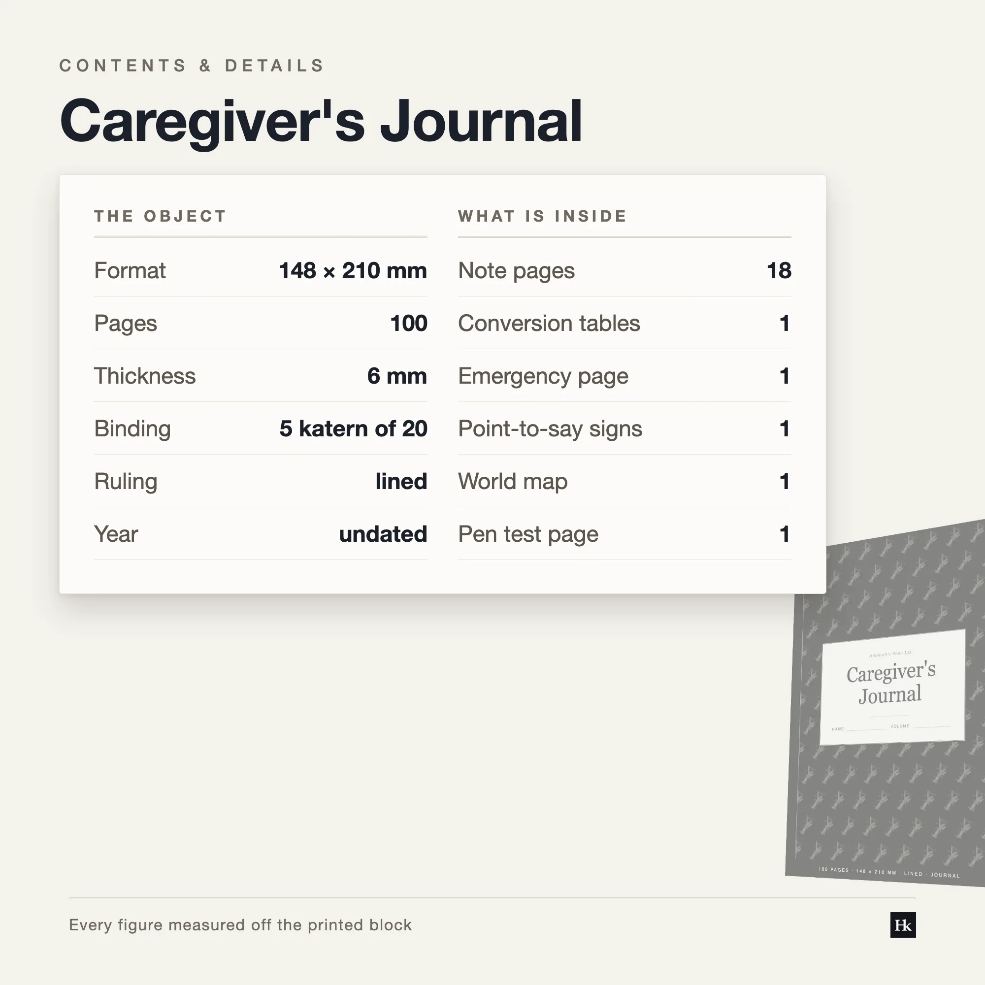 Detail card listing the Caregiver's Journal contents: a four-column daybook, ruled notes pages, and the reference pages at the back.