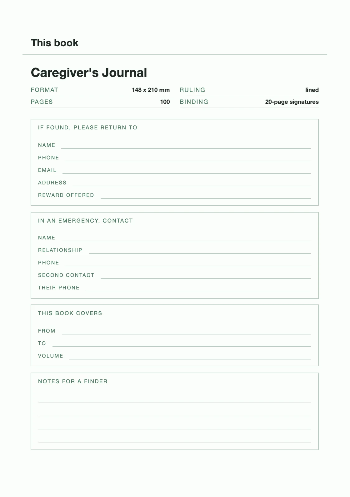 Uma página para o seu nome e número, para que um livro perdido possa voltar. — Caregiver's Journal