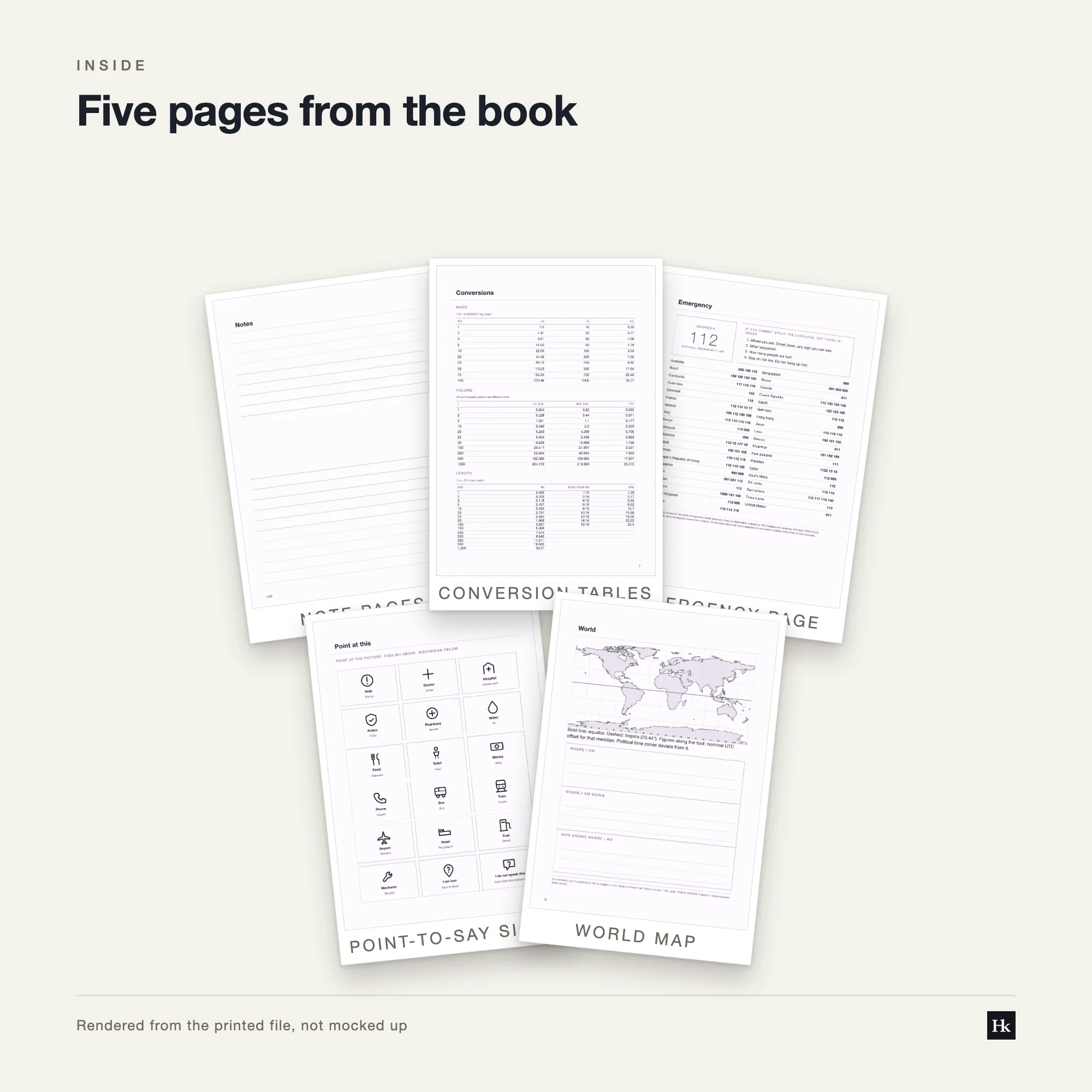 Five pages from the Cash Book laid out as cards: a ruled ledger page, a section divider, a plain notes page, a reflection page, and the pen test page.