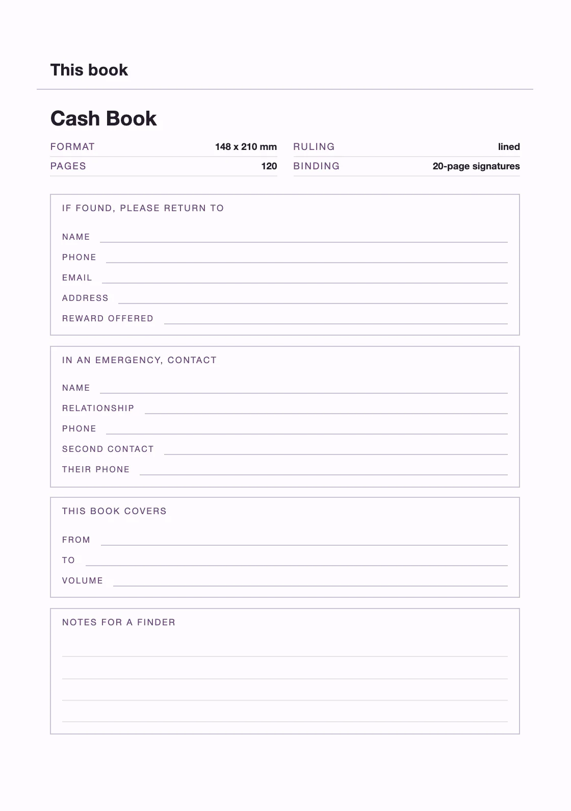 Satu halaman untuk nama dan nomor Anda, supaya buku yang hilang bisa kembali. — Cash Book