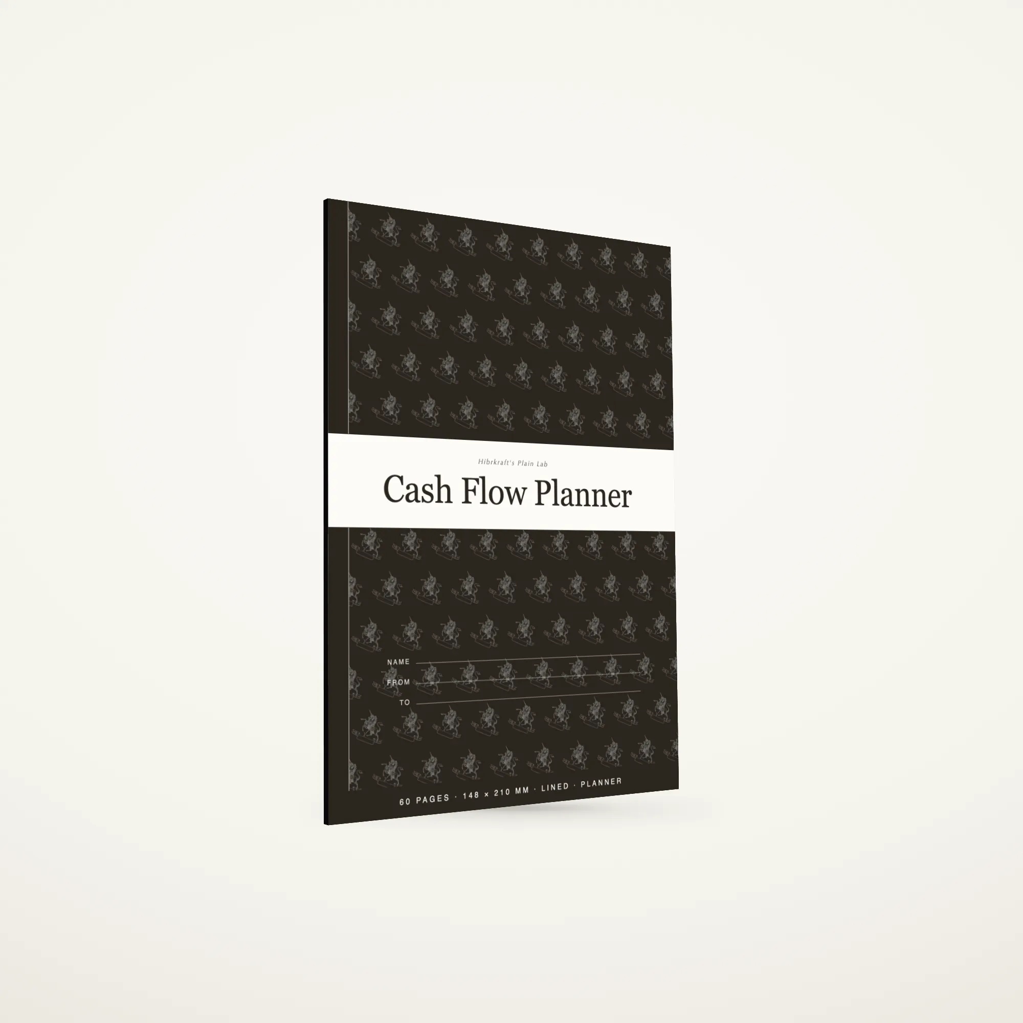 Cash Flow Planner A5 de pé e fechado, capa de faixa castanho-umbre escura com um motivo real ornamentado a negativo creme, com cerca de três milímetros e meio de espessura.