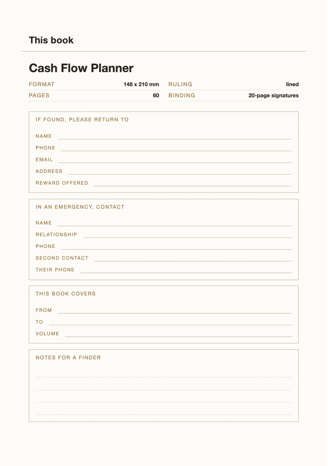 Uma página para o seu nome e número, para que um livro perdido possa voltar. — Cash Flow Planner