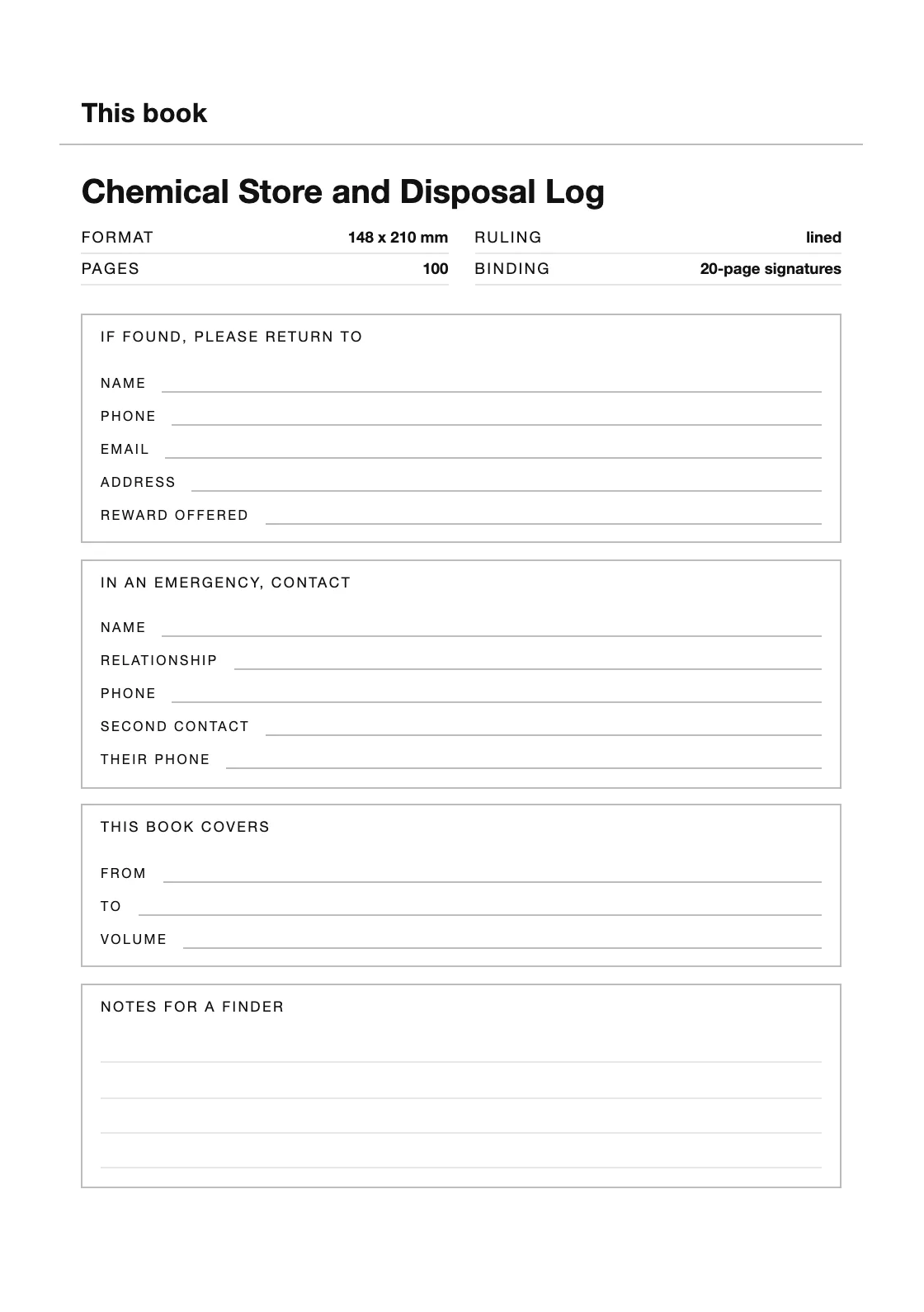Satu halaman untuk nama dan nomor Anda, supaya buku yang hilang bisa kembali. — Chemical Store and Disposal Log