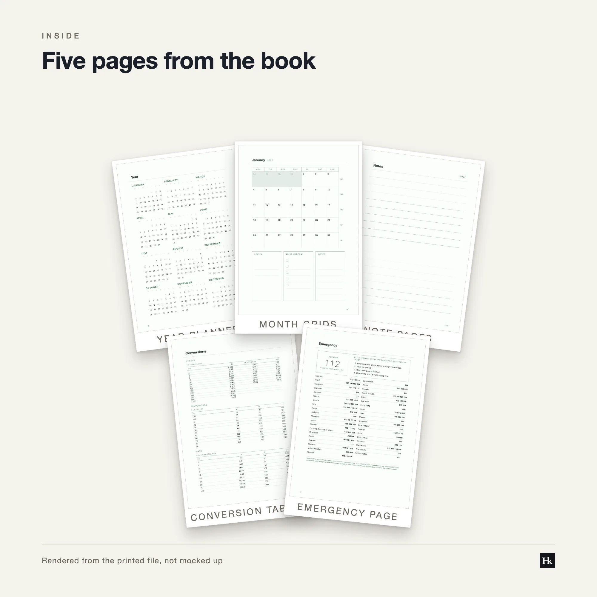 Five pages from the Clinic Day Book 2027 laid out as cards: a four-column daybook page, a month divider, a lined notes page, a year-at-a-glance page, and a reference table.